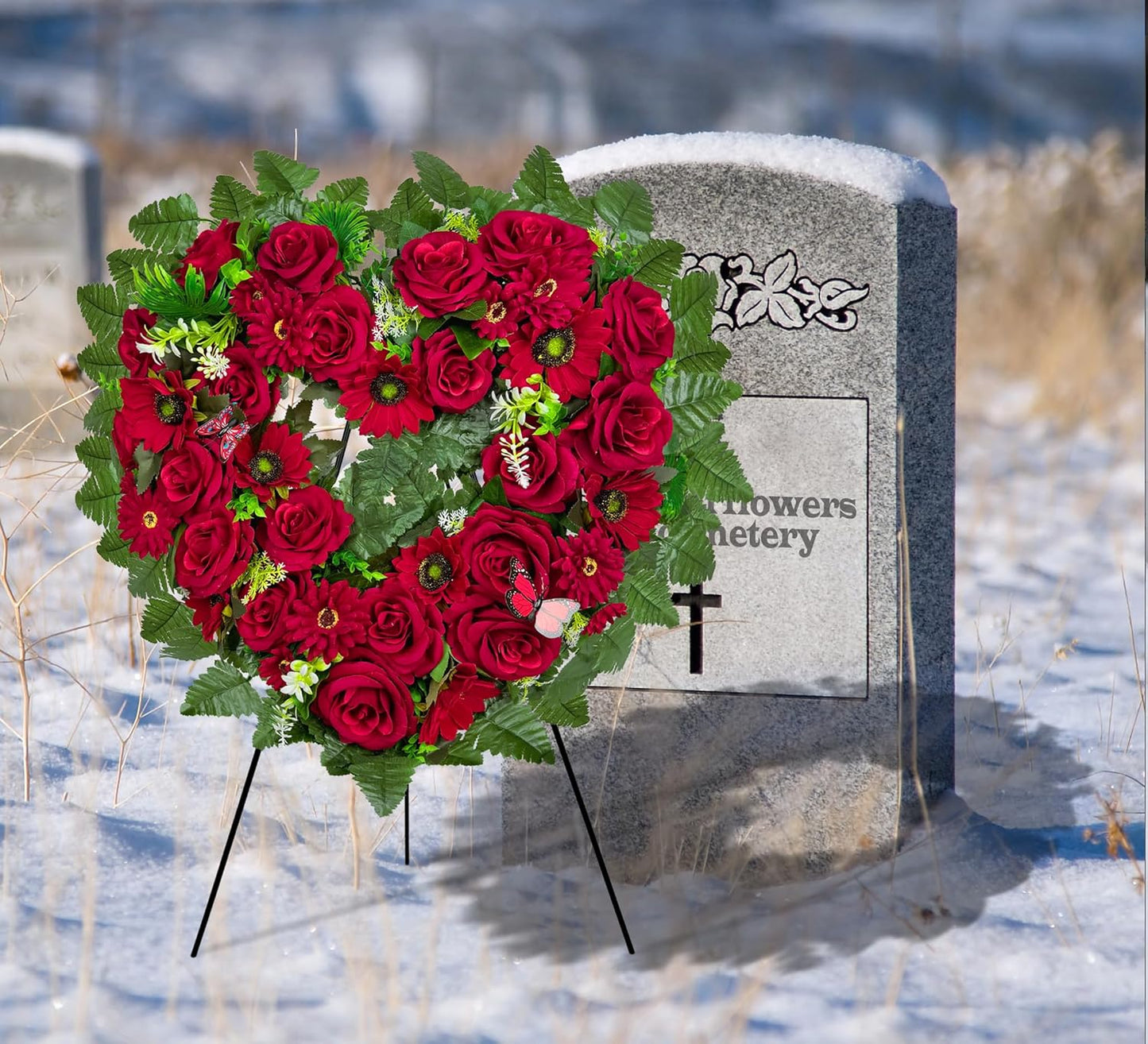 Regine Switzerland Cemetery Wreath - Heart-Shaped Memorial Floral with 30-Inch Easel Stand | Red Rose Design