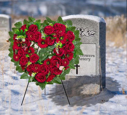 Regine Switzerland Cemetery Wreath - Heart-Shaped Memorial Floral with 30-Inch Easel Stand | Red Rose Design
