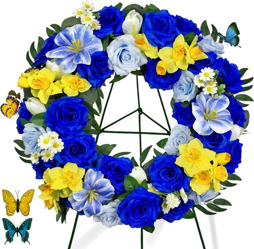 Grave Decoration Cemetery Wreath - 30 Inch Headstone Floral Arrangement with Blue Roses, Tulips & Daffodils