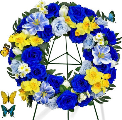 Grave Decoration Cemetery Wreath - 30 Inch Headstone Floral Arrangement with Blue Roses, Tulips & Daffodils