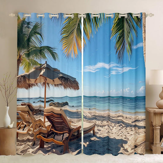 Beach Comter Blackout Curtains Ocean Beach Travel Curtains for Bedroom Living Room Children Hawaiian Palm Tree Summer Holiday Vacation Darkening Dreapes (2 Panels, 52 x 96 Inch) Window Treatments