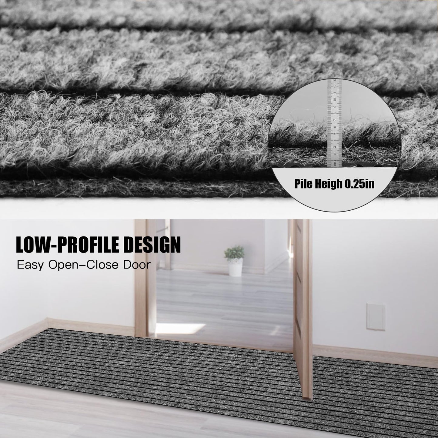 Runner Rug 2' x 6' Outdoor/Indoor, Rug with Natural Rubber Backing Non Slip for Hallway, Kitchen, Patio, Laundry, RV, Entryway, Garage, Bathroom, Area Rug Carpet, Grey Strip, Custom Size