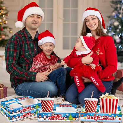 Christmas Movie Night Snack Tray Set – 32pc Paper Popcorn & Drink Holders for Party, Snowman & Santa Snow-themed