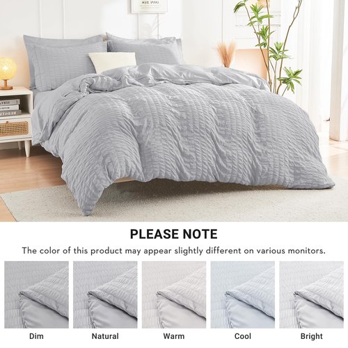 HYMOKEGE Light Grey California King Comforter Set Seersucker 7 Pieces, All Season Luxury Bed in a Bag for Bedroom, Bedding Set with Comforters, Sheets, Pillowcases & Shams