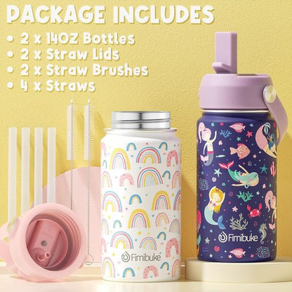 Fimibuke Kids Insulated Water Bottle - 14oz BPA-Free Double Wall Tumbler | Leak-Proof Metal Cups (2 Pack, Rainbow/Mermaid)