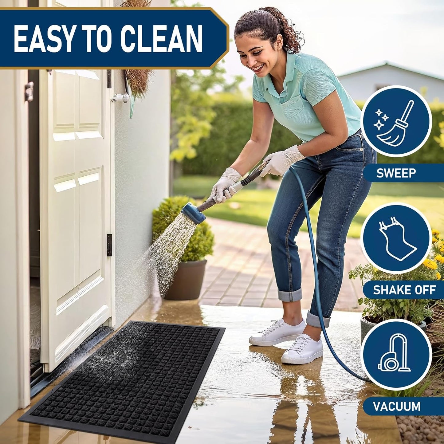 Smiry Heavy Duty Front Door Mat - Non-Slip Natural Rubber Doormat, Easy Clean, 35x23 Inch, Black
