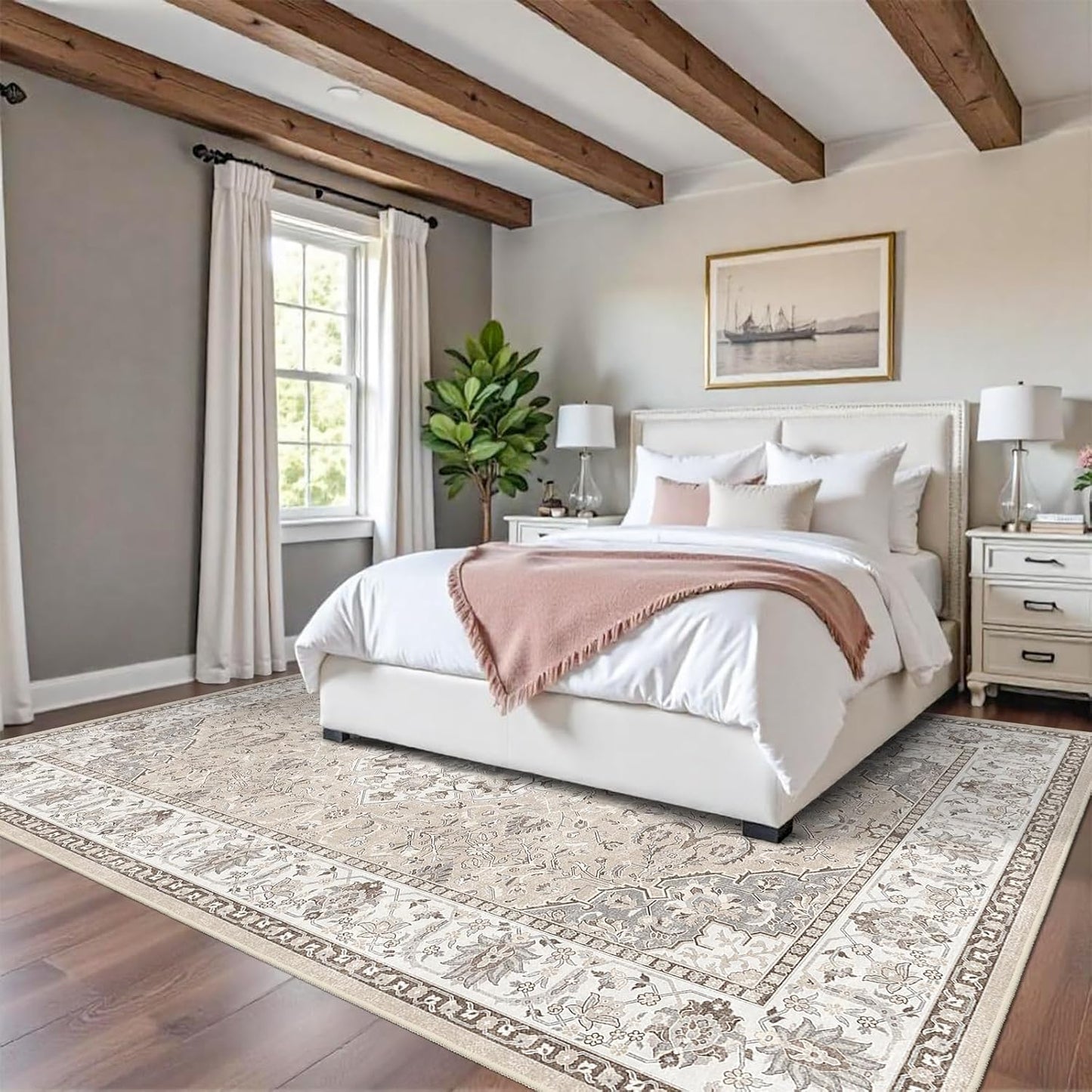 Skiennix 8x10 Living Room Rug - Washable Oriental Stain Resistant Carpet | Ultra Soft Non-Slip Beige Mat for Home Decor