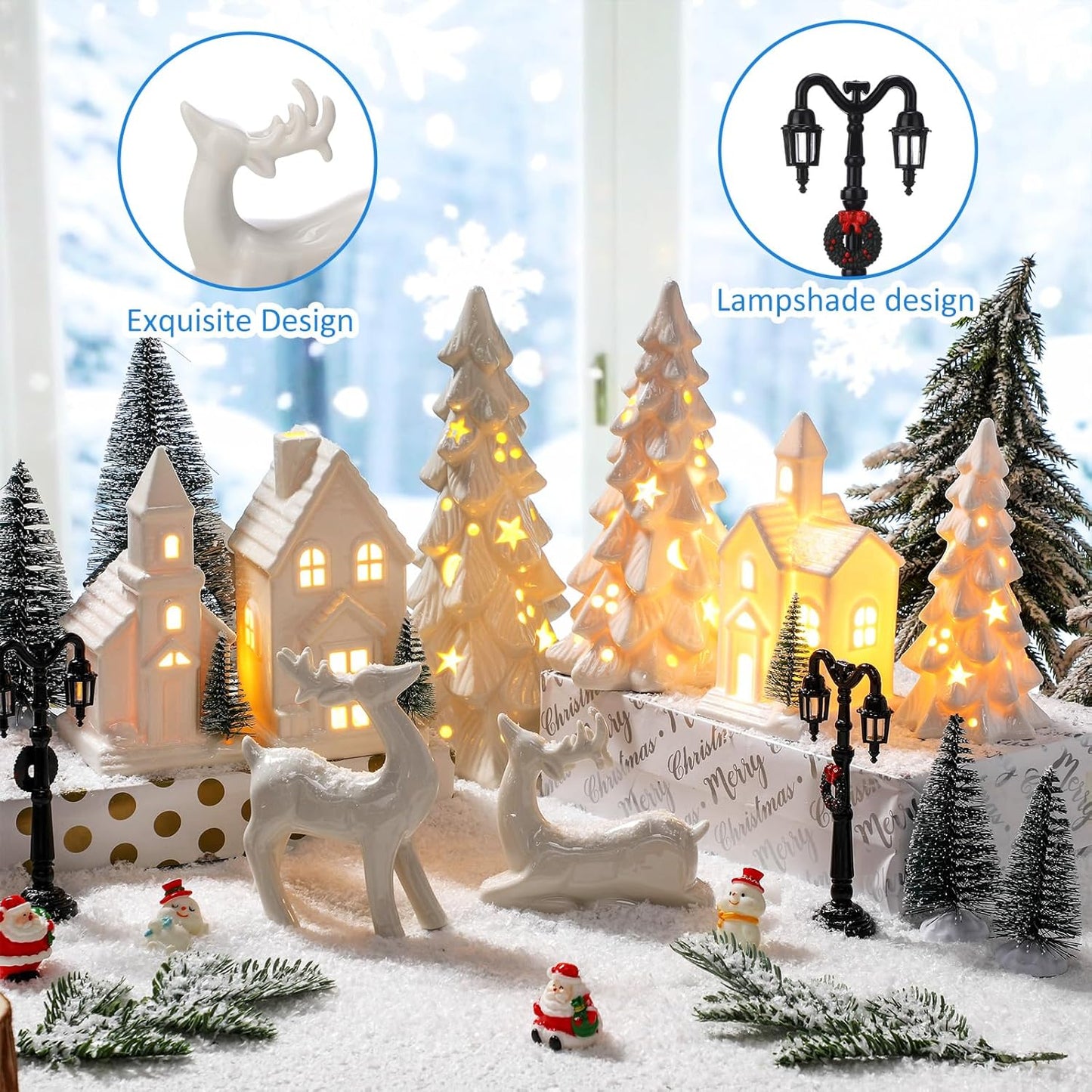 Nuogo 14 Pcs Ceramic White LED Christmas Village Houses Set | Includes Tree & Reindeer Figurine