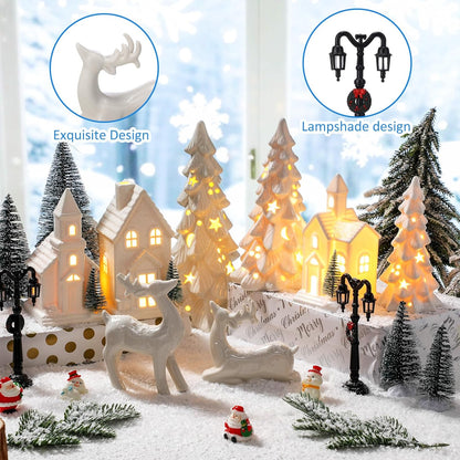 Nuogo 14 Pcs Ceramic White LED Christmas Village Houses Set | Includes Tree & Reindeer Figurine