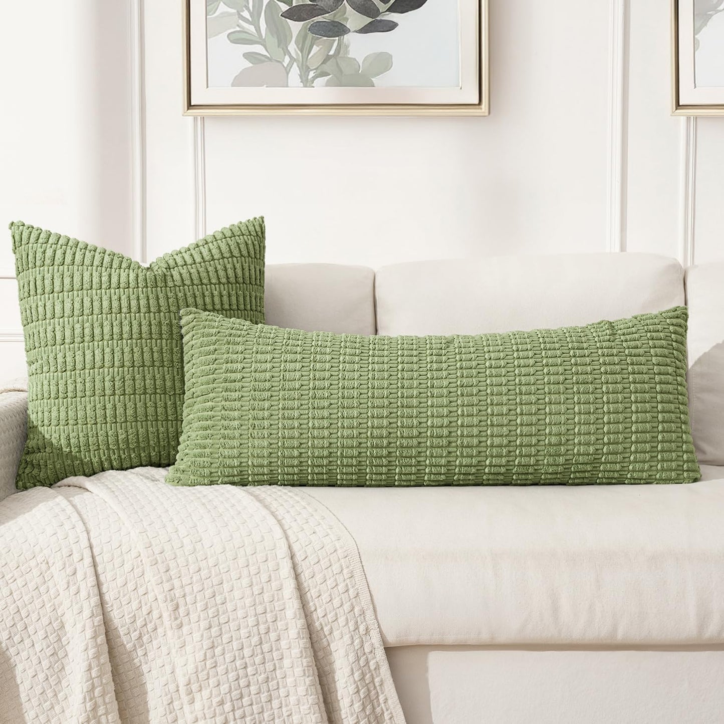 MIULEE Sage Green Long Body Lumbar Pillow Cover - Soft Boho Decor for Couch & Sofa | 14x36 Inch