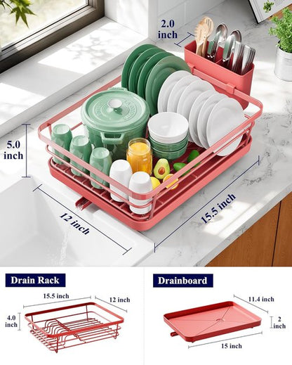 Kitsure Dish Drying Rack - Stainless Steel Kitchen Sink Organizer with Cutlery Holder | 12"W x 15.5"L, Red