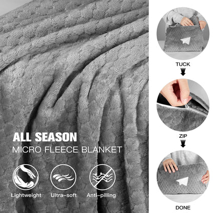 Plush & Plaid 2-Pack Travel Blanket Airplane Compact with Bag, Mid-Weight Soft Throw Blanket Pillow for Long/Short Flight, Portable Packable with Luggage Sleeve and Backpack Clip, 40x65, Gray