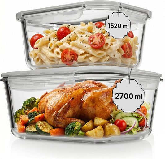 Razab Airtight Large Glass Food Storage Containers - BPA Free, Leak Proof, 4 Pc Set (2700ML & 1520ML)