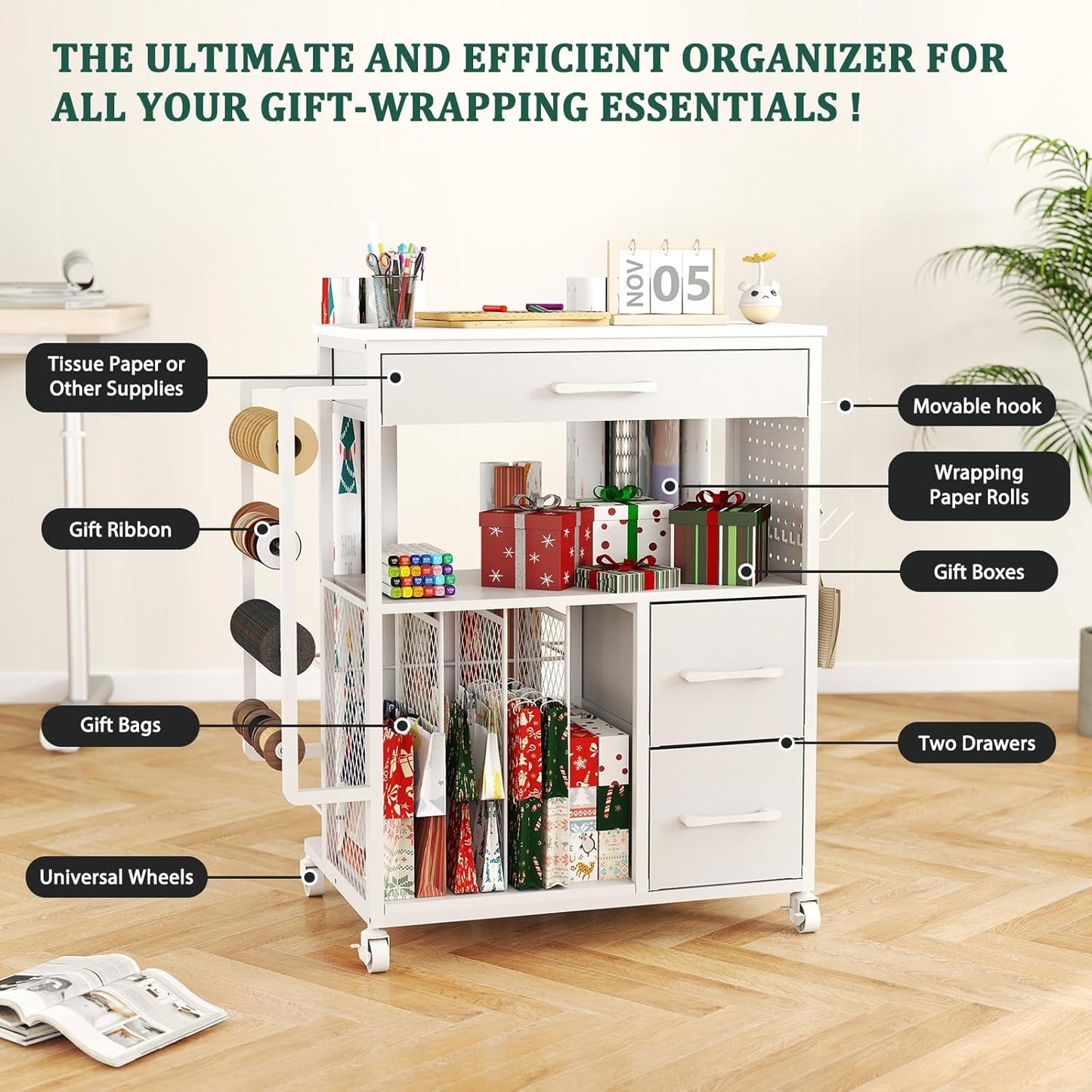Wrapping Paper Storage Cart by [Brand Name] - Upgraded Rolling Organizer with Silent Wheels | Craft Storage for Gift Wrap, Ribbons & Bags