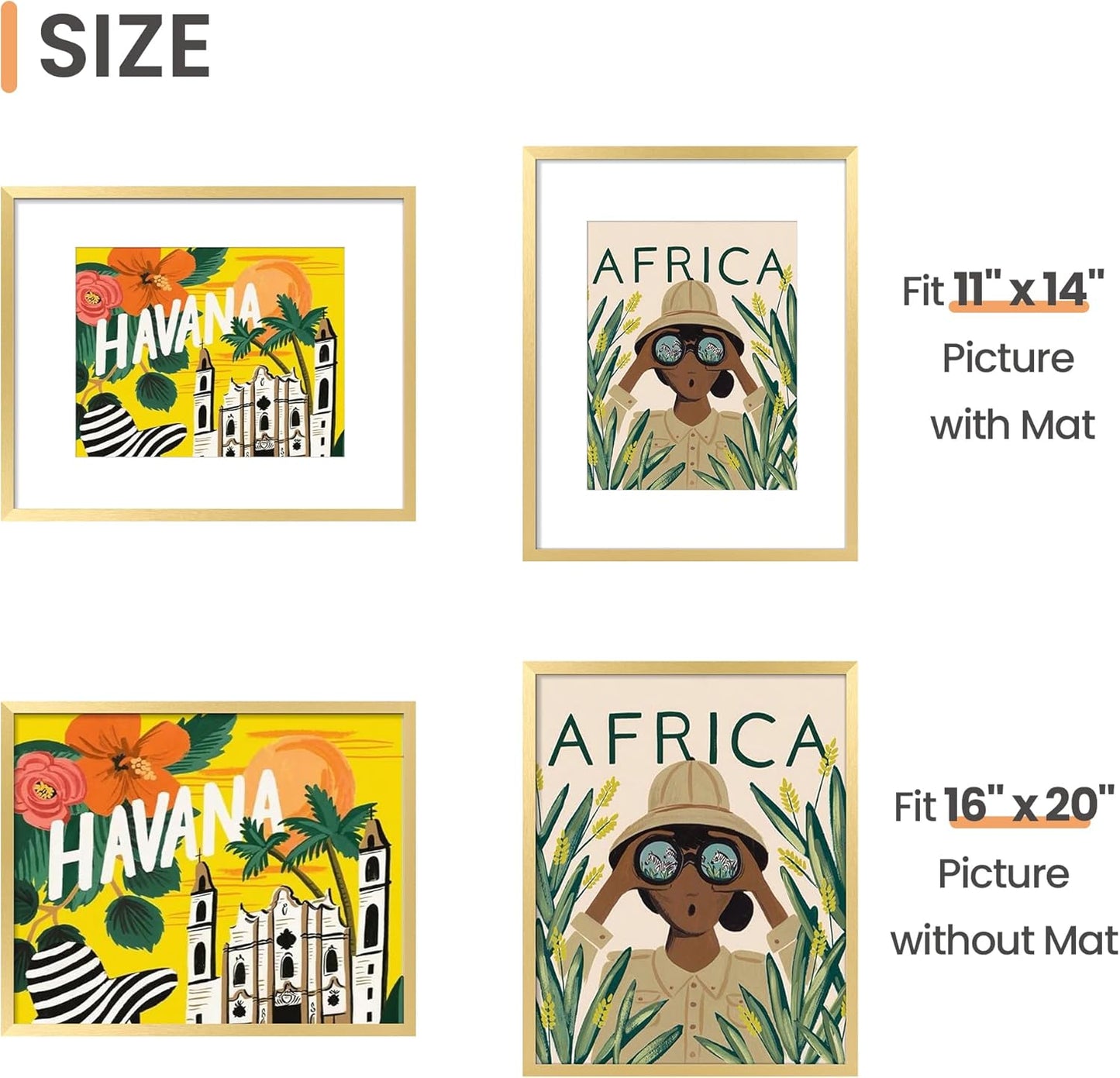 Upsimples 16x20 Picture Frame Set of 5 - Display 11x14 or 16x20 Photos | Elegant Gold Gallery Frames
