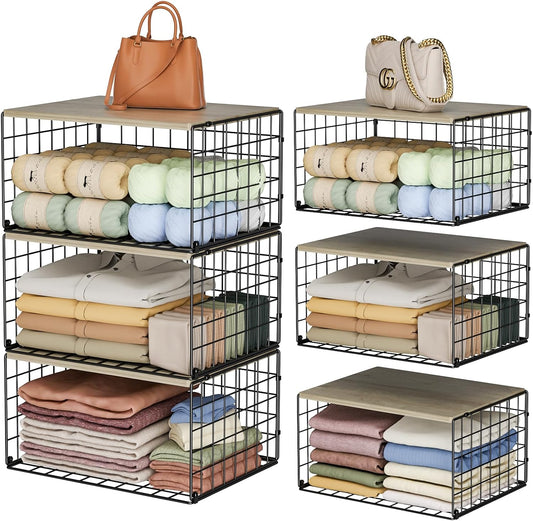 Sturdy Metal Black Closet Organizers - Extra-Long Stackable Shelf Storage with Wood Top | 3 Pack for Space-Saving