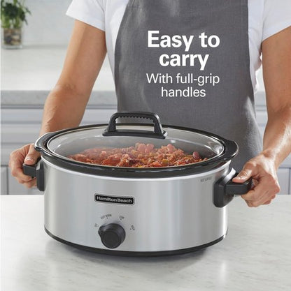 Hamilton Beach 6-Quart Slow Cooker - 3 Cooking Settings, Dishwasher-Safe Stoneware & Glass Lid