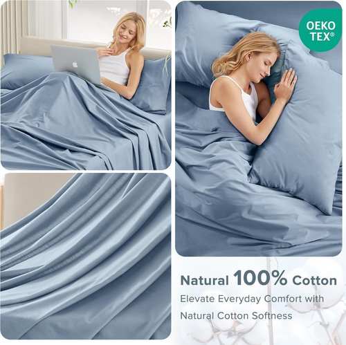 Comfort Spaces 100% Cotton Sheet Set - Breathable & Soft Twin Blue Bedding with 12" Elastic Pocket