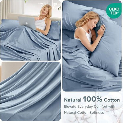 Comfort Spaces 100% Cotton Sheet Set - Breathable & Soft Twin Blue Bedding with 12" Elastic Pocket