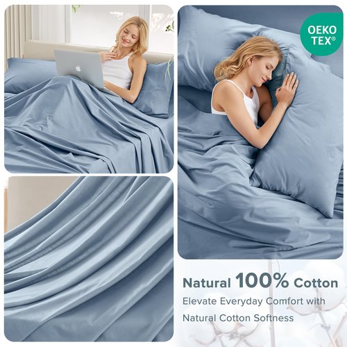Comfort Spaces 100% Cotton Sheet Set Breathable, Lightweight, Soft with 12" Elastic Pocket Fits up to 14" Mattress, All Season Cozy Bedding, Matching Pillow Case, Twin Blue 3 Piece