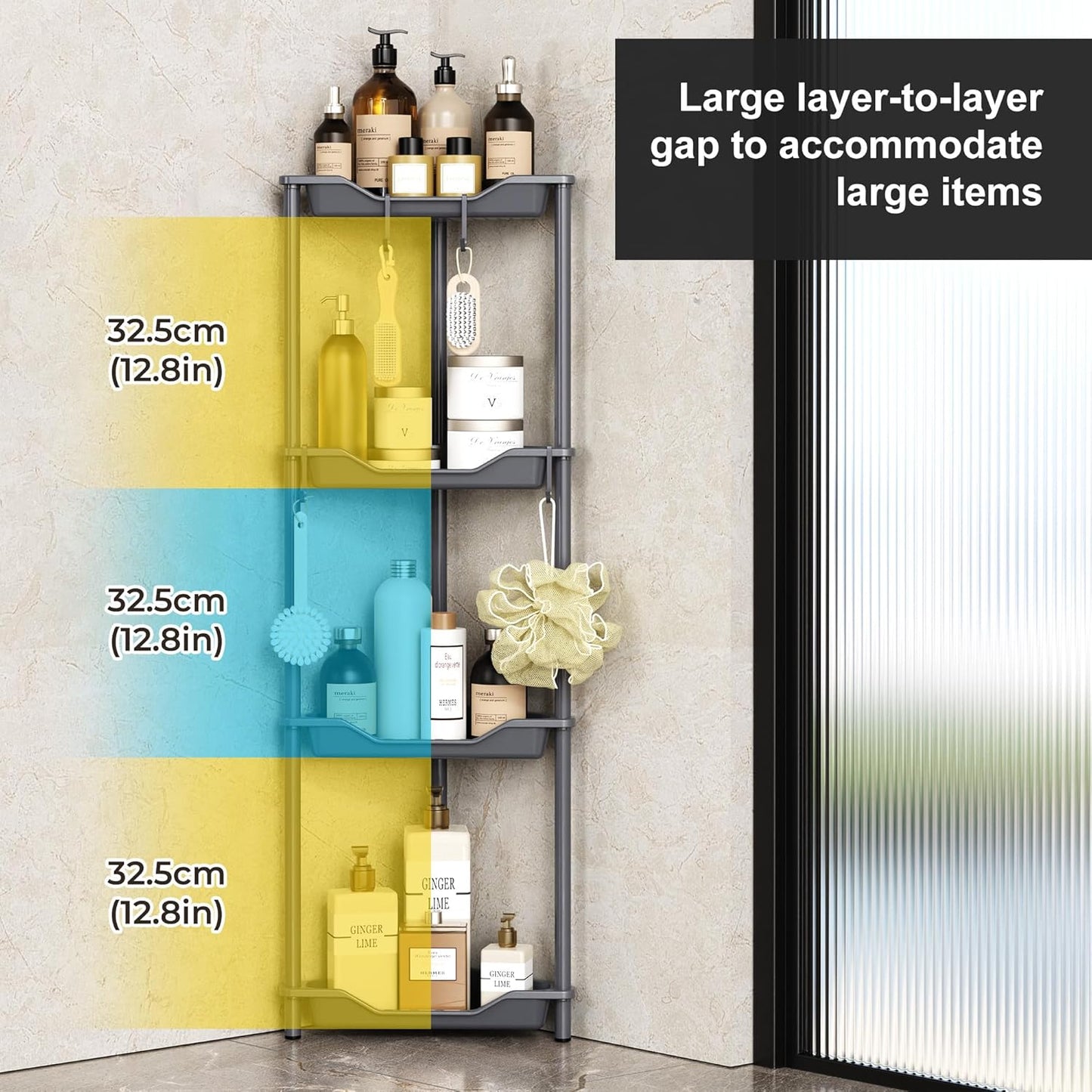Orimade Rustproof 4-Tier Corner Shower Caddy Organizer - Durable Plastic & Metal, Black | 10.8 x 10.8 x 44.6 Inches