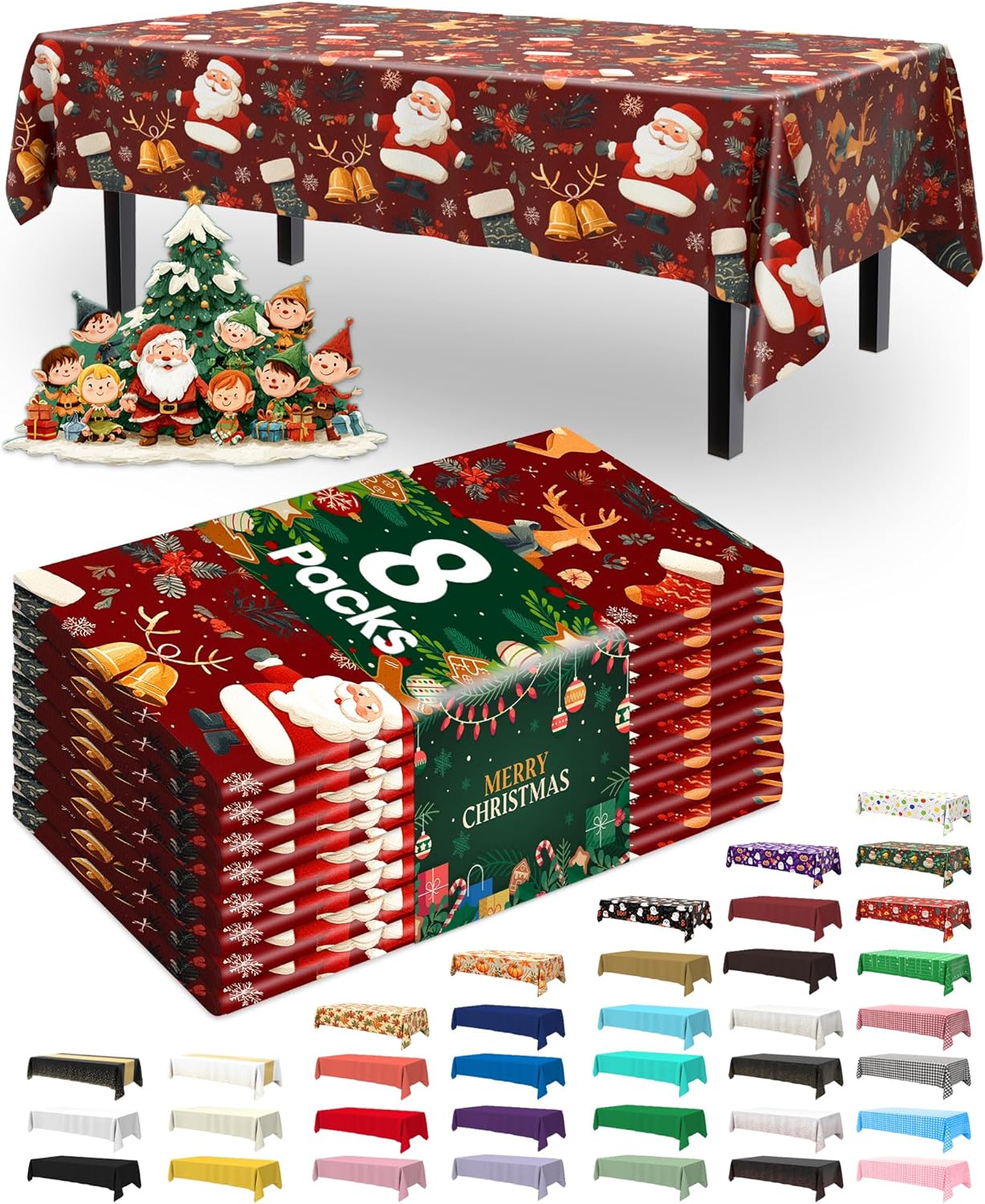 Pureegg Disposable Plastic Tablecloths - Sturdy Leakproof Covers for Parties & Weddings | 54 x 108 Inch, Christmas Red (8 Pack)