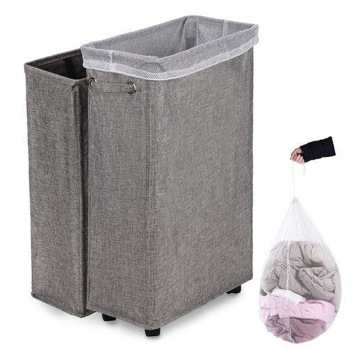 Laundry Hamper, Caroeas 27.5-inches Burlap Rolling Laundry Hamper Collapsible Tall & Slim Laundry Basket with Breathable Wash Bag Waterproof & Dustproof Laundry Cart on Wheels