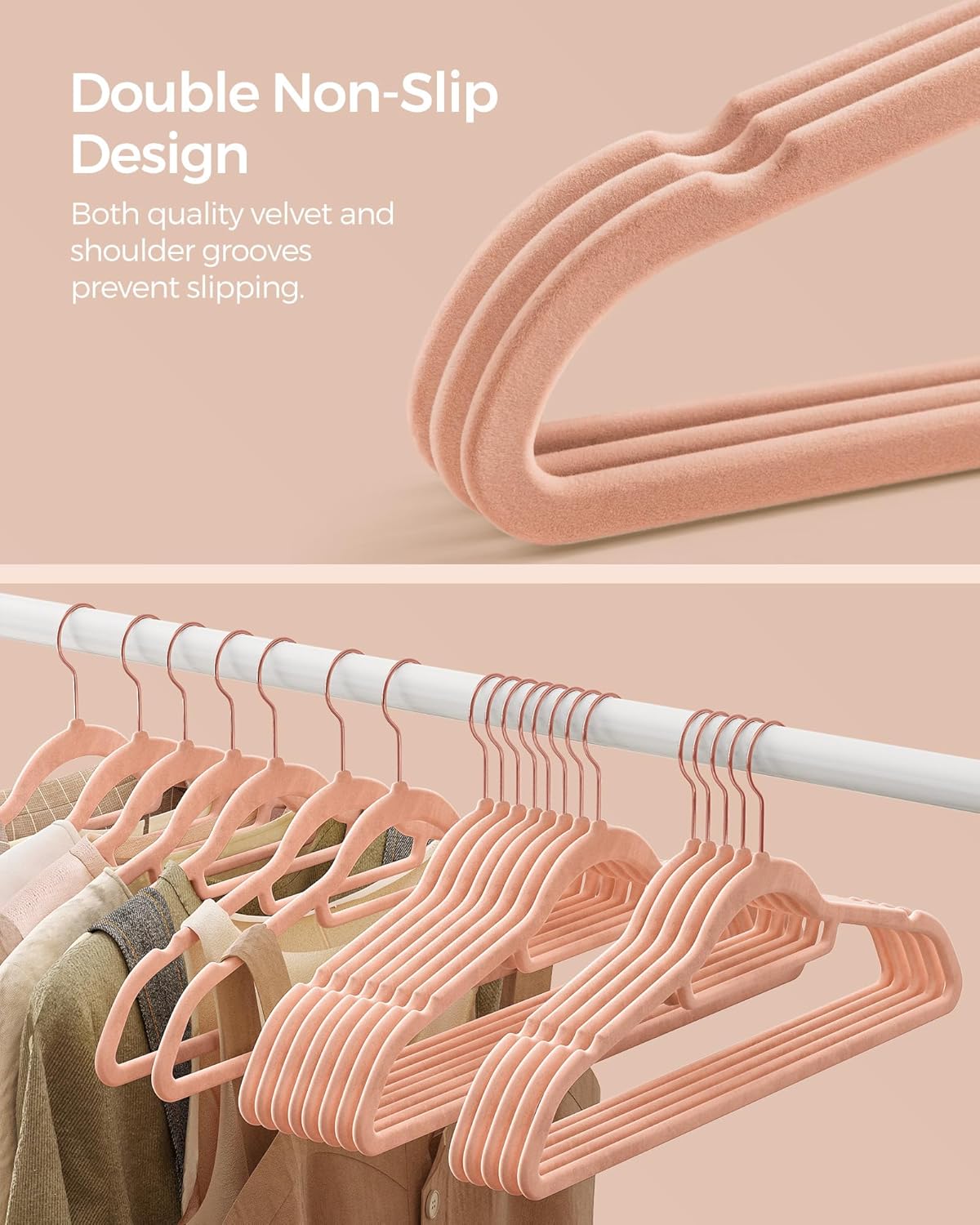 SONGMICS Velvet Hangers - Set of 60 Non-Slip Clothes Hangers with Rose Gold Swivel Hook | Coral Pink, 17.1-Inch