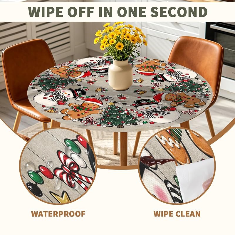 Christmas Snowman Fitted Tablecloth 40-44 Inch, Elastic Edge, Round Xmas Gingerbread Man