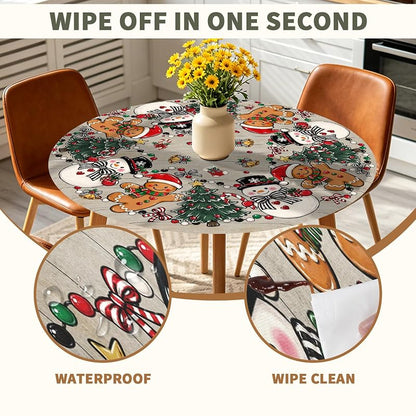 Christmas Snowman Fitted Tablecloth 40-44 Inch, Elastic Edge, Round Xmas Gingerbread Man