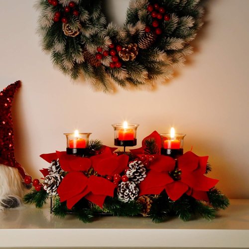FORUP Christmas Centerpiece - Elegant Poinsettia Tabletop Decor with 3 Candle Holders for Home Parties