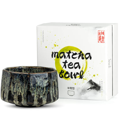 SAY HO UM Traditional Japanese Matcha Tea Cup Bowl + Gift Box | Multicolor Black Ceramic Ceremonial Matcha Bowl | Handcrafted, Large Macha Drinking Glass | Authentic Mug Shape