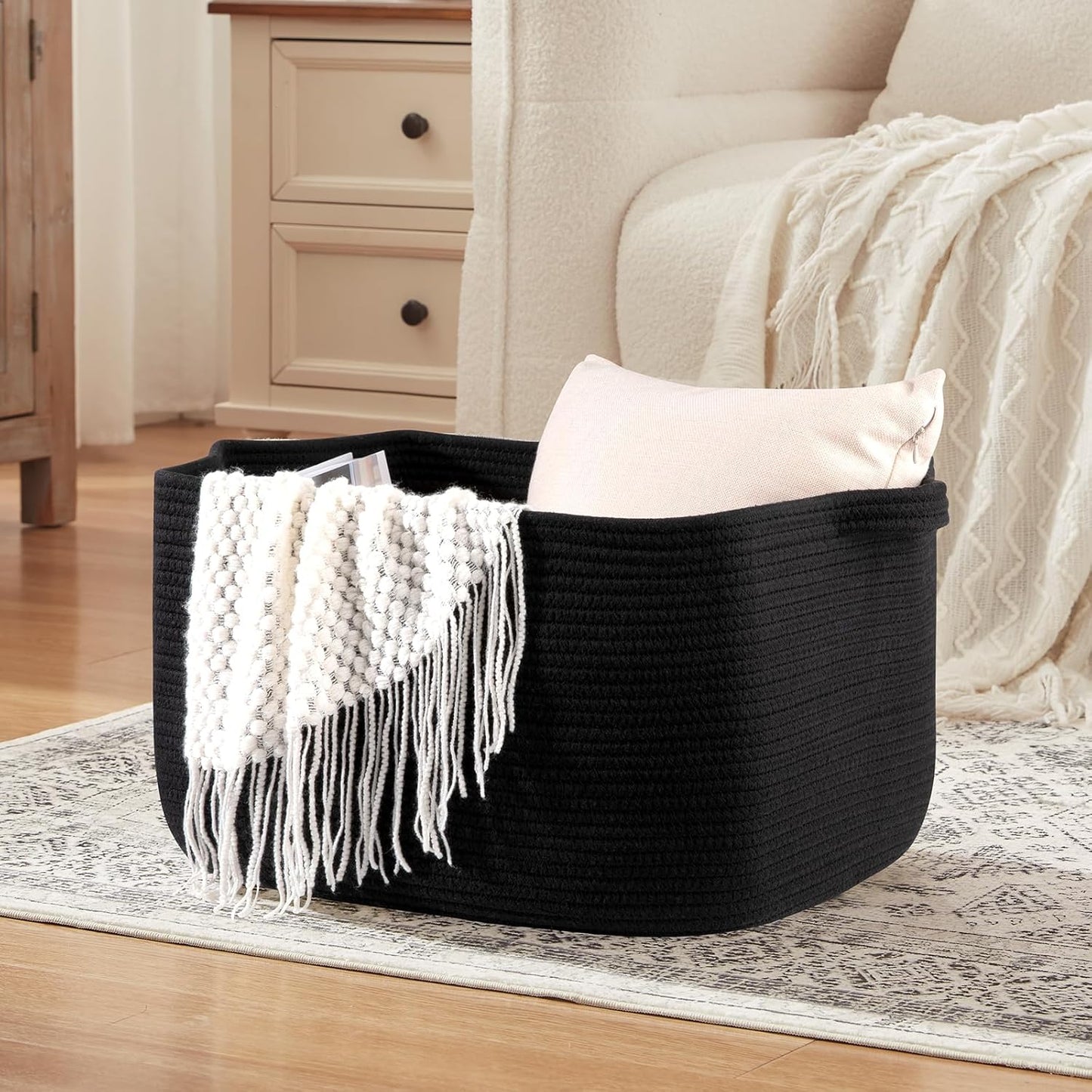 OIASKET Large Blanket Basket - Stylish Black Woven Storage for Toys, Towels & Laundry (Rectangle)