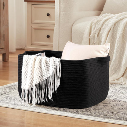 OIASKET Large Blanket Basket - Stylish Black Woven Storage for Toys, Towels & Laundry (Rectangle)