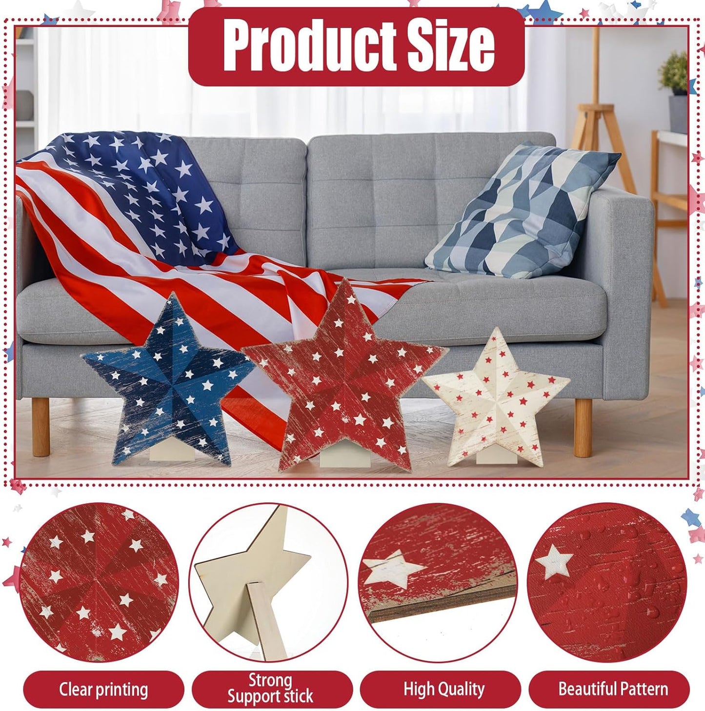 Patriotic 3D Wood Star Decor by [Brand Name] - 3 Pcs Red, White & Blue Yard Signs for 4th of July
