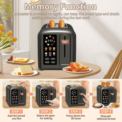 SEEDEEM 2-Slice Toaster - Touch Control LCD Display, 50% Faster Heating, 1.4'' Wide Slots, Dark Metallic