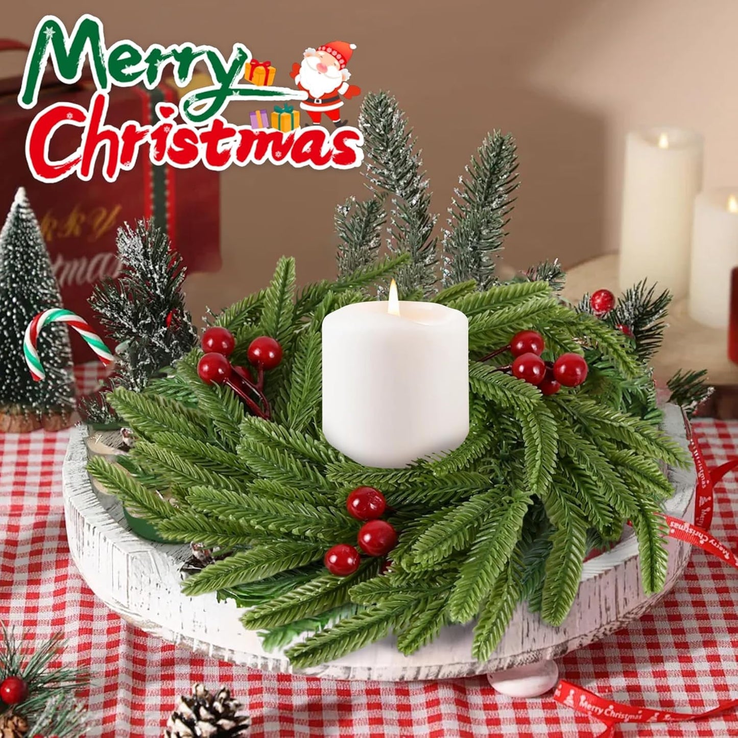 Norfolk Pine Christmas Candle Rings - 24 Pcs Artificial Wreaths with Red Berries for Holiday Decor