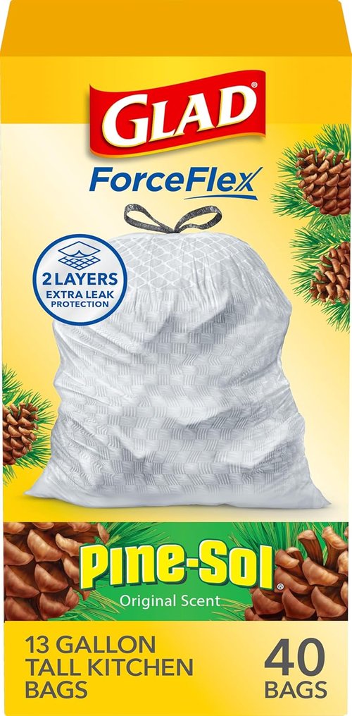 Glad ForceFlex Tall Kitchen Trash Bags - 13 Gallon Capacity, Pine-Sol Original Scent, 40 Count