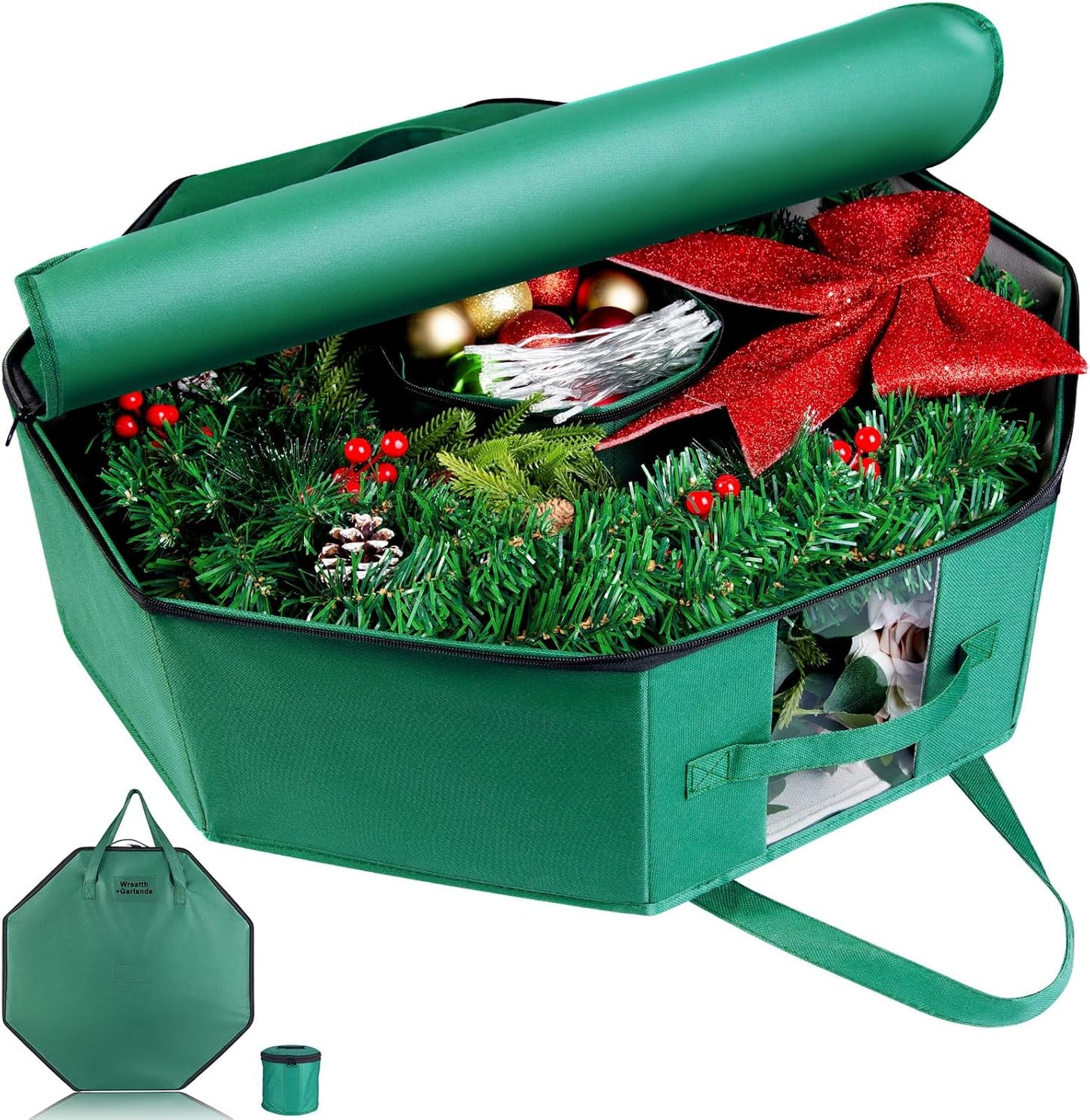 BrilliantJo Wreath Storage Bag - Hard Shell Christmas Decoration Case with Pockets | 24-Inch Green 600D Oxford Fabric