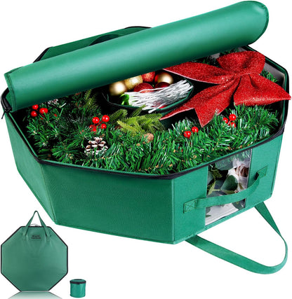 BrilliantJo Wreath Storage Bag - Hard Shell Christmas Decoration Case with Pockets | 24-Inch Green 600D Oxford Fabric