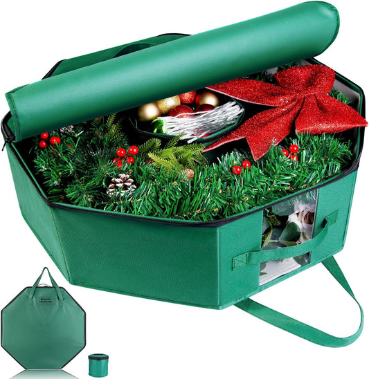 BrilliantJo Wreath Storage Bag - Hard Shell Christmas Decoration Case with Pockets | 24-Inch Green 600D Oxford Fabric