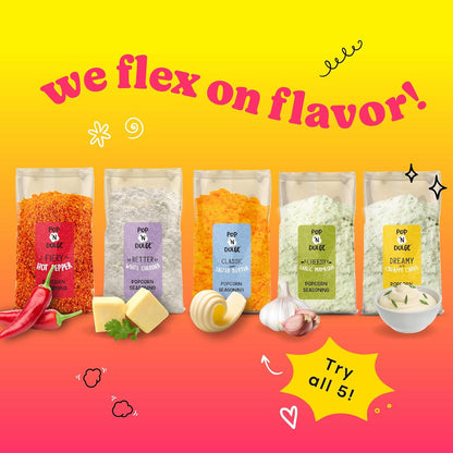 Pop n' Dulge Gourmet Popcorn Gift Set - 16 Pcs with 5 Flavors & Seasonings | Perfect Movie Night Snacks