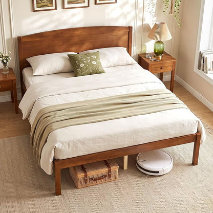 Giantex Full Size Walnut Curved Headboard Bed Frame with Slat Support - 300 lb Capacity