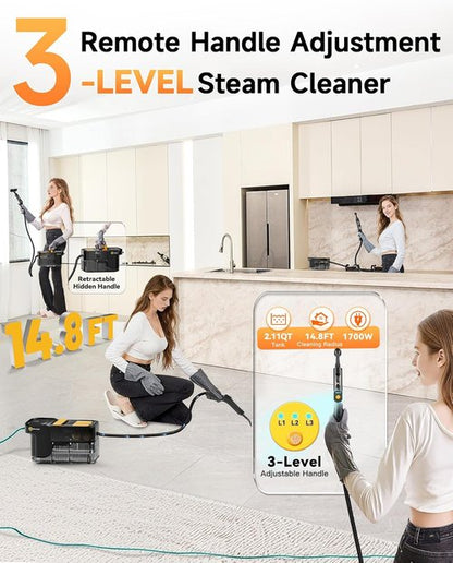 Gautye Steam Cleaner - Handheld Steamer with 3-Level Adjustable Handle & 18 Accessories | 2.11 Qt Tank