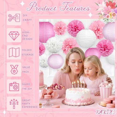KAXIXI Pink Party Decorations - 15 Pcs Hanging Paper Lanterns & Tissue Pom Poms for Baby Showers & Birthdays