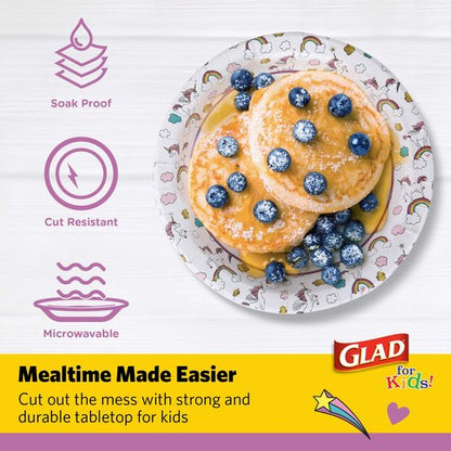 Glad for Kids Unicorn Theme Kids Plates, Heavy-Duty Round Disposable Paper Plates with Soak-Proof Coating, Microwave Safe for Snacks & Meals, Cute Unicorn Print, 8.5 Inch, 20 Count
