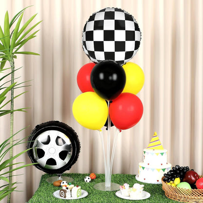 Race Car Party Balloons Kit - 2 Sets with Checkered Foil Balloons | Red, Black & Yellow Birthday Decor