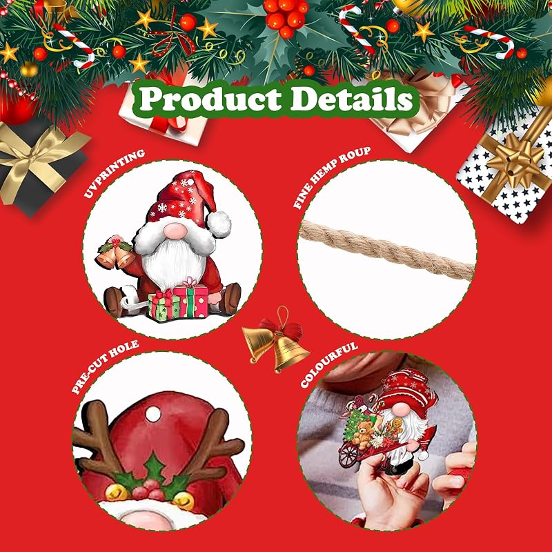 12 Pcs Christmas Gnome Wooden Ornaments - Small Rustic Home Decor, Xmas Tree Decorations - Xmas-B