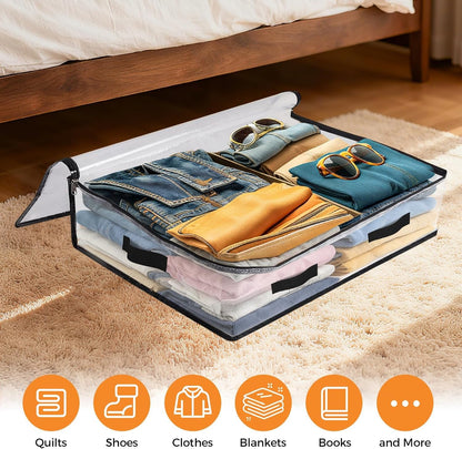 Skiennix Under Bed Storage Bags - 60L Foldable Clear Containers with Dual Zippers & Handles | 6 Pack for Bedding & Clothes