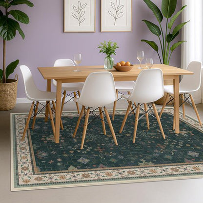 Hazo Haus Vintage Dark Green 6x9 Dining Room Rug - Washable Floral Low Pile Area Rug for Living Room & Bedroom